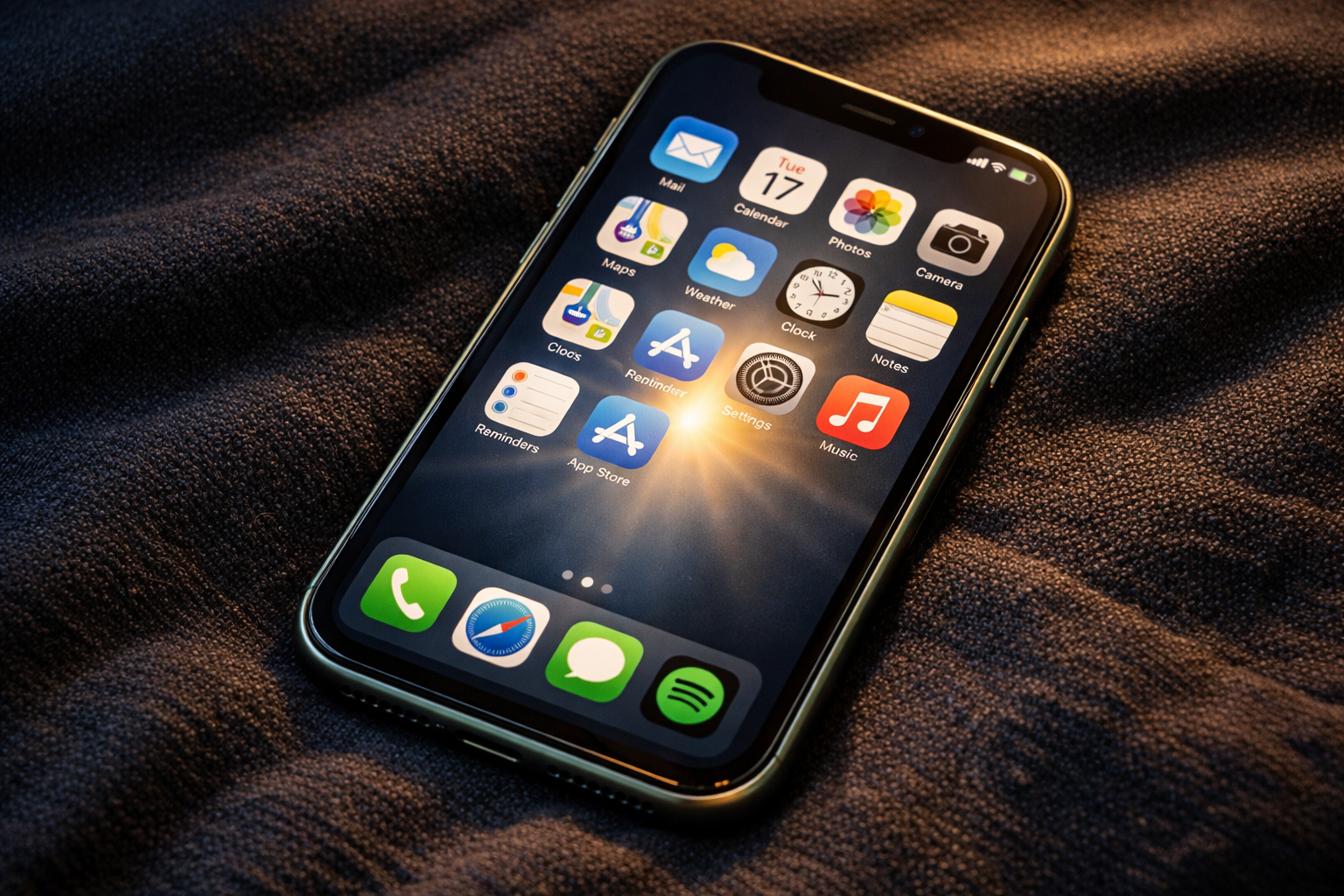 Smartphone screen glowing with app icons on a dark navy fabric surface under warm lamp light.