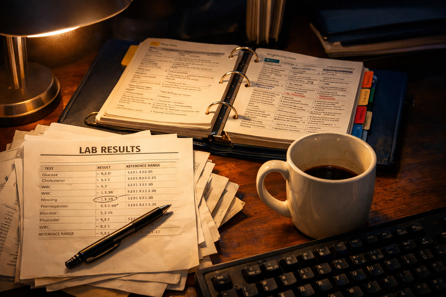 A cluttered doctor's desk with lab printouts, a medication binder, and a coffee mug under warm lamp light.