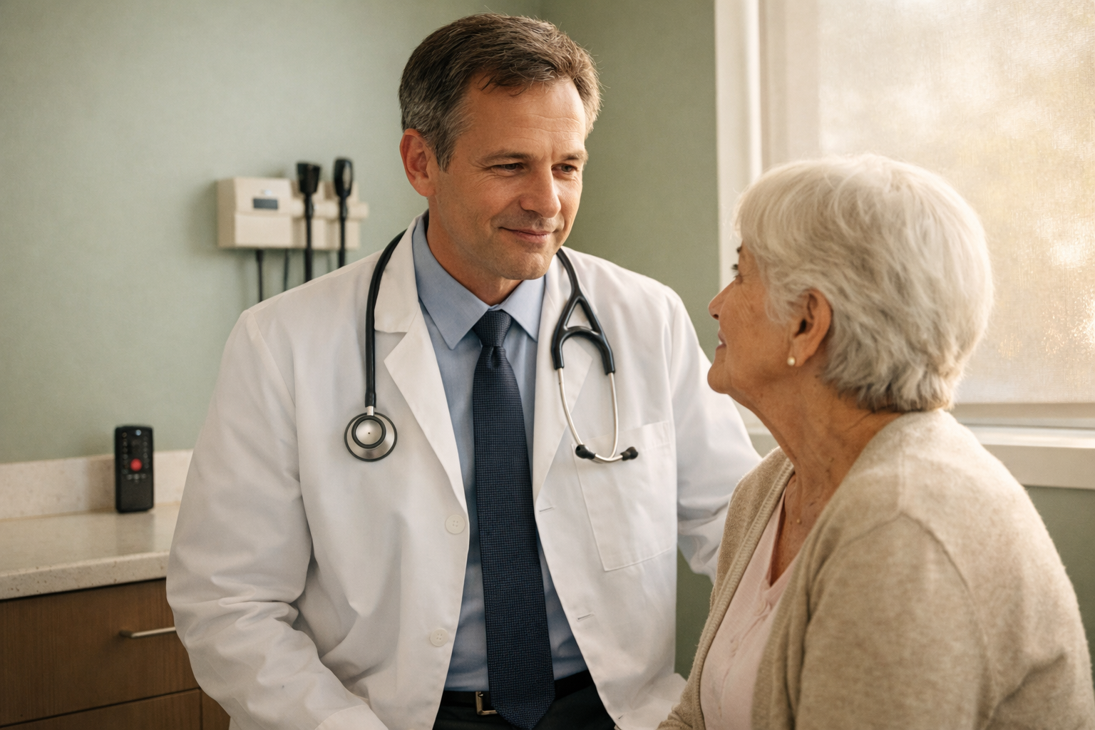 A physician giving full attention to an older seated patient in a spare sunlit exam room, a small recorder on the counter.