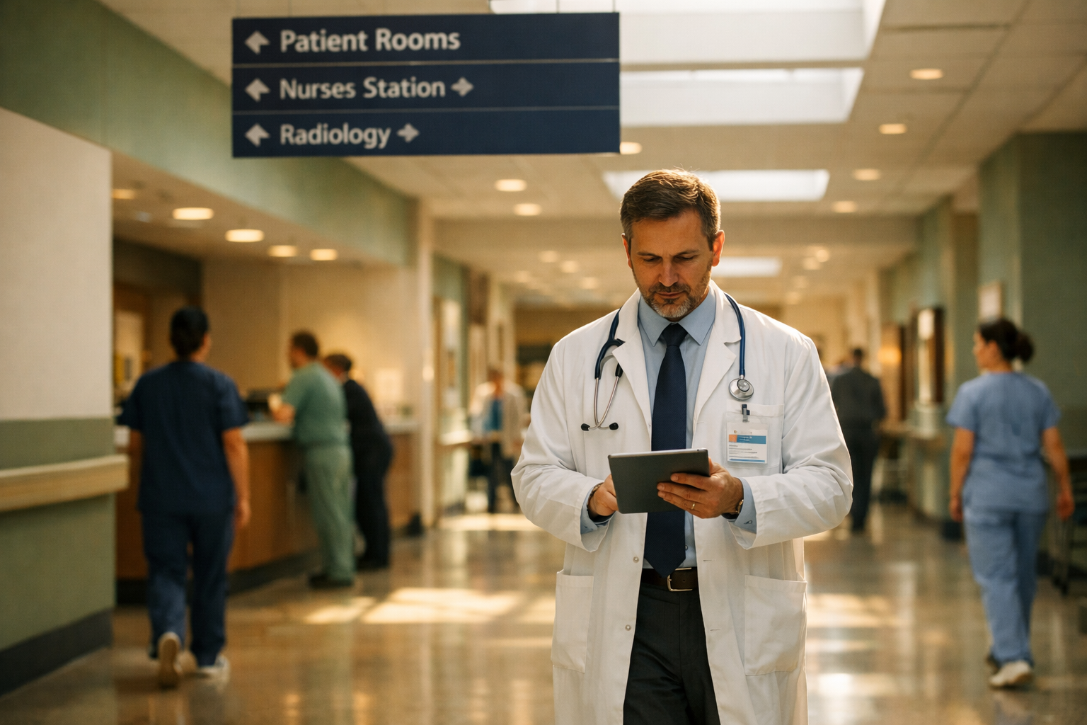 A physician walking through a sunlit hospital corridor, reviewing a tablet, staff visible in soft focus behind.