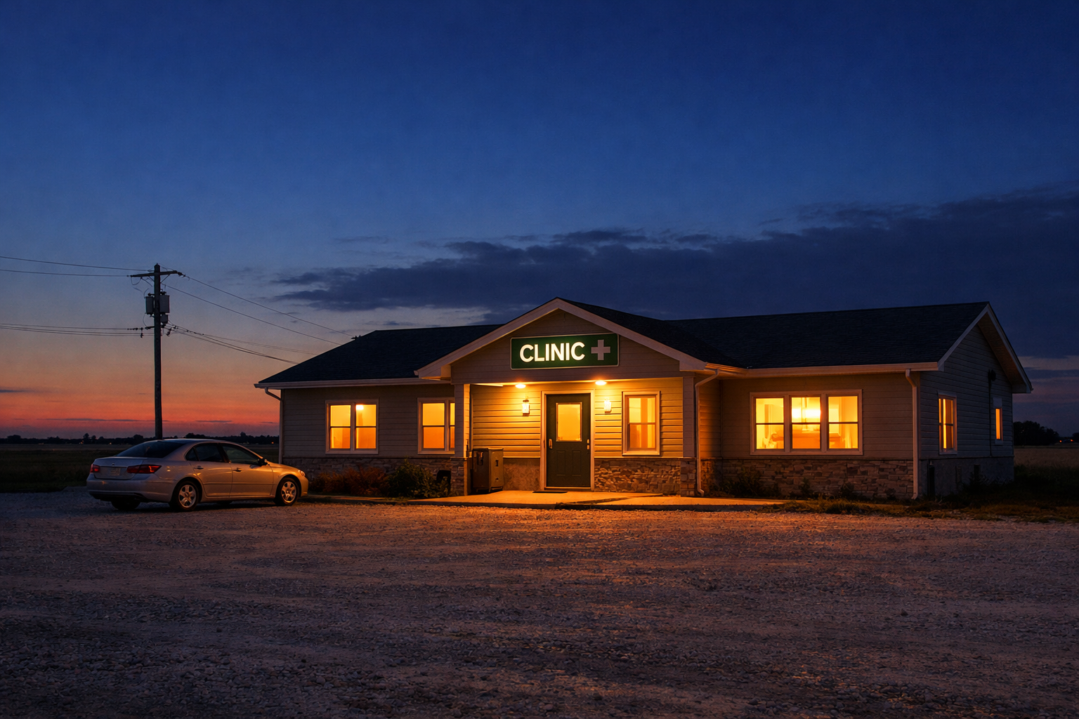 A small rural clinic glows with warm interior light at dusk, open farmland visible behind under a deep navy sky.