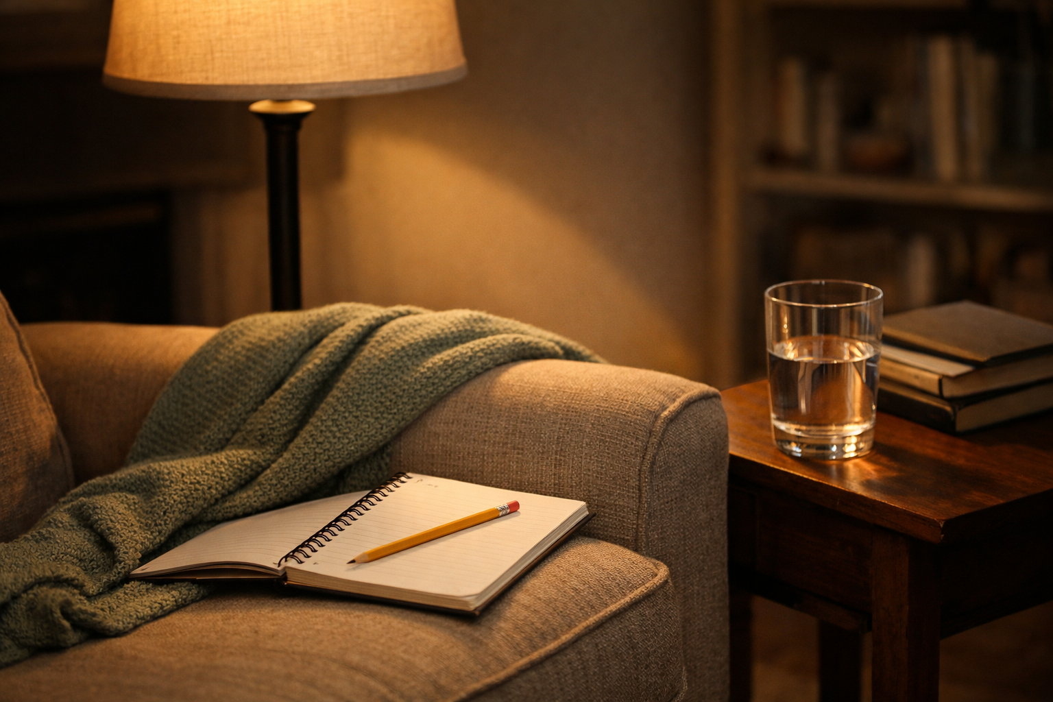 Open notebook and pencil on an armchair under a floor lamp in a warmly lit living room, glass of water on a side table.