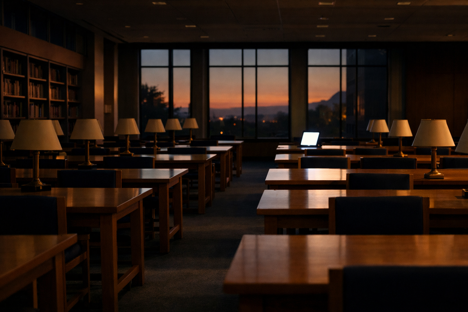 Empty library reading room at dusk with a single glowing tablet at the far end of a long wooden table.