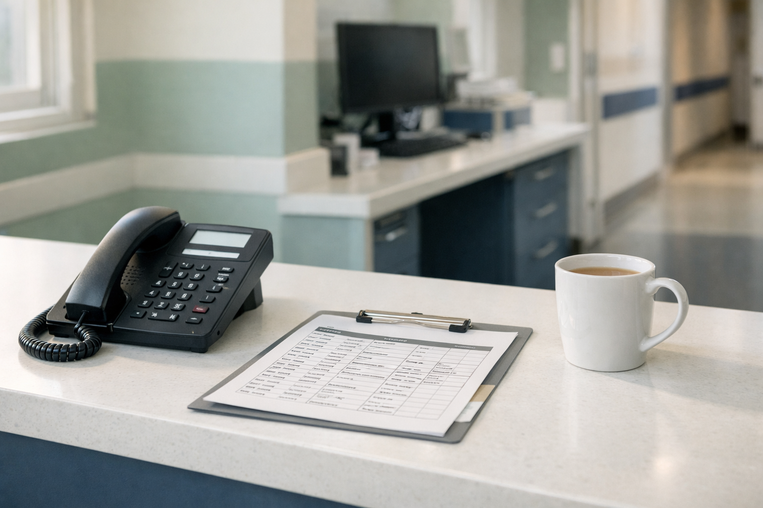 Empty hospital nurses' station counter with a desk phone, printed schedule, and coffee cup in soft morning light.
