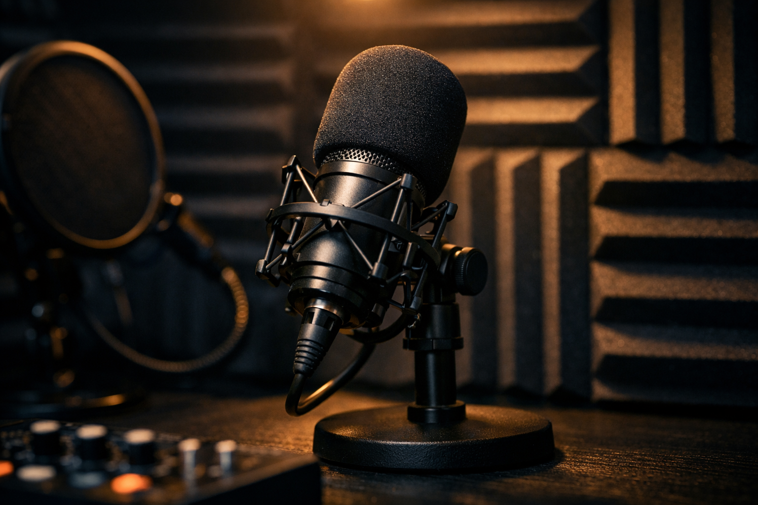 Close-up of a studio microphone on a stand inside a small recording booth with acoustic foam panels behind it.