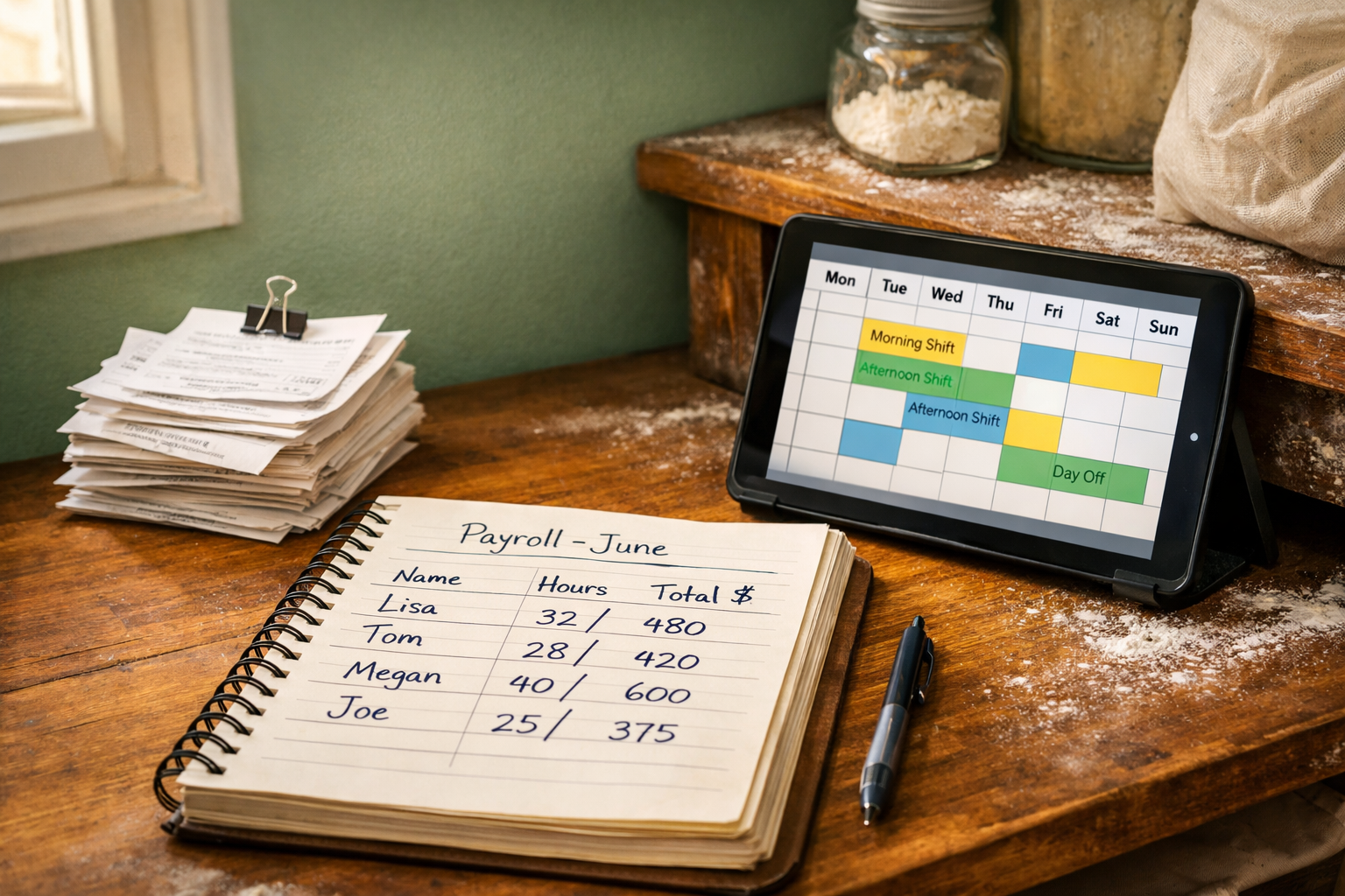 Bakery back-office desk with receipts, payroll notebook, and tablet on a sage green wall
