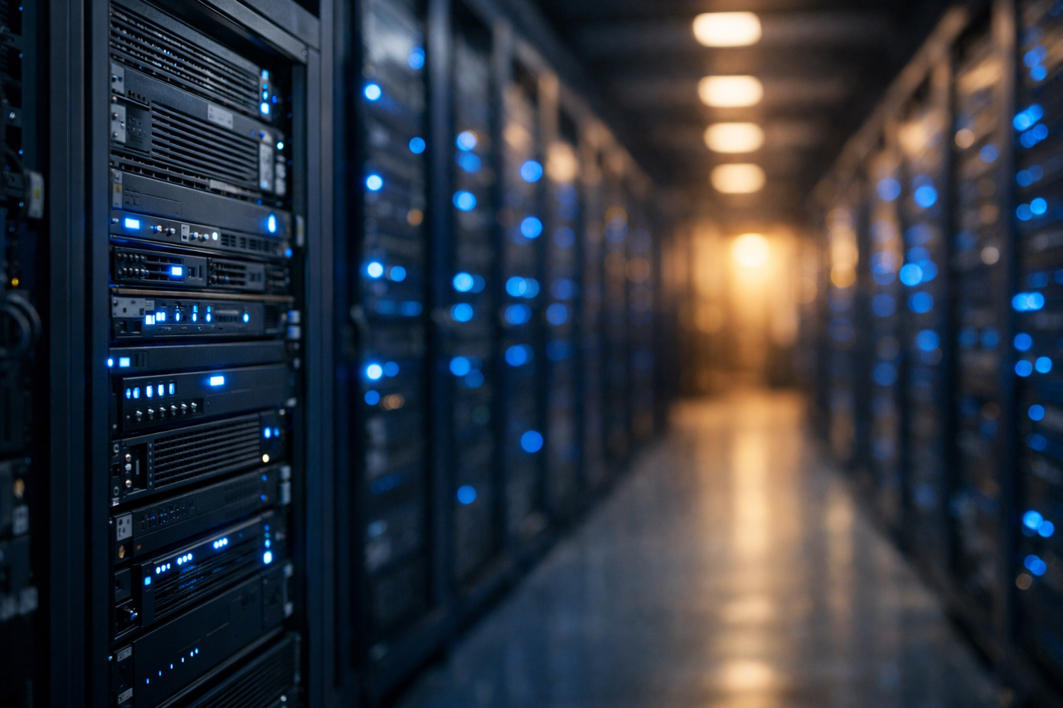 Data center server aisle with blue indicator LEDs receding into warm background light