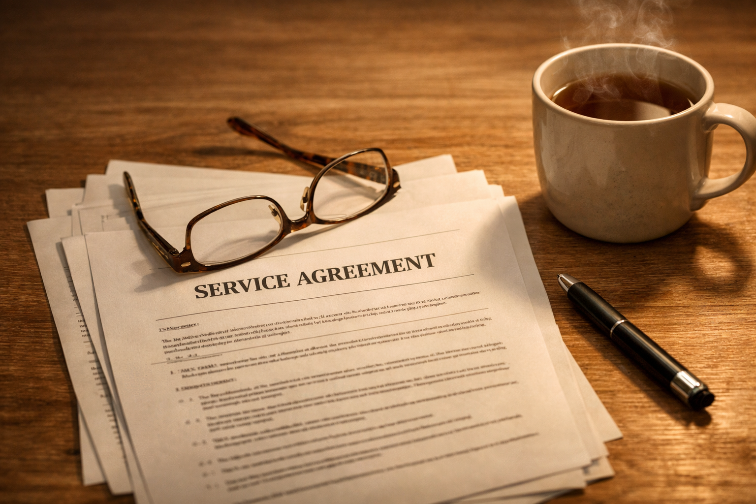 Printed service agreement on kitchen table with reading glasses, uncapped pen, and steaming tea mug
