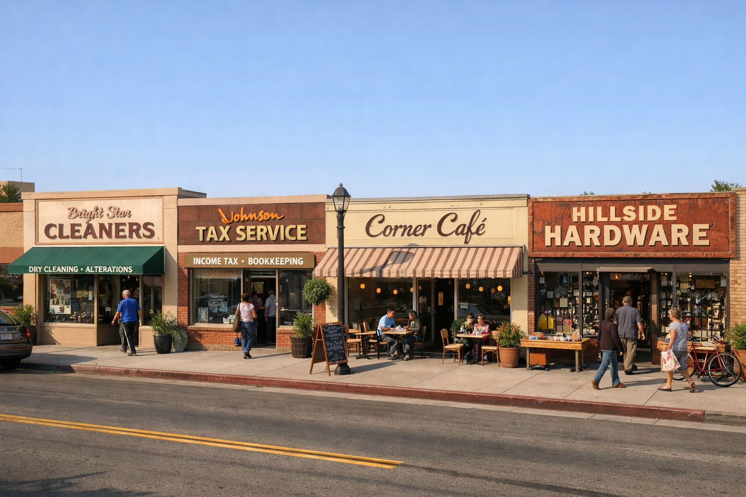 Busy small-business commercial strip on a sunny morning, shops and sidewalk in wide-angle view