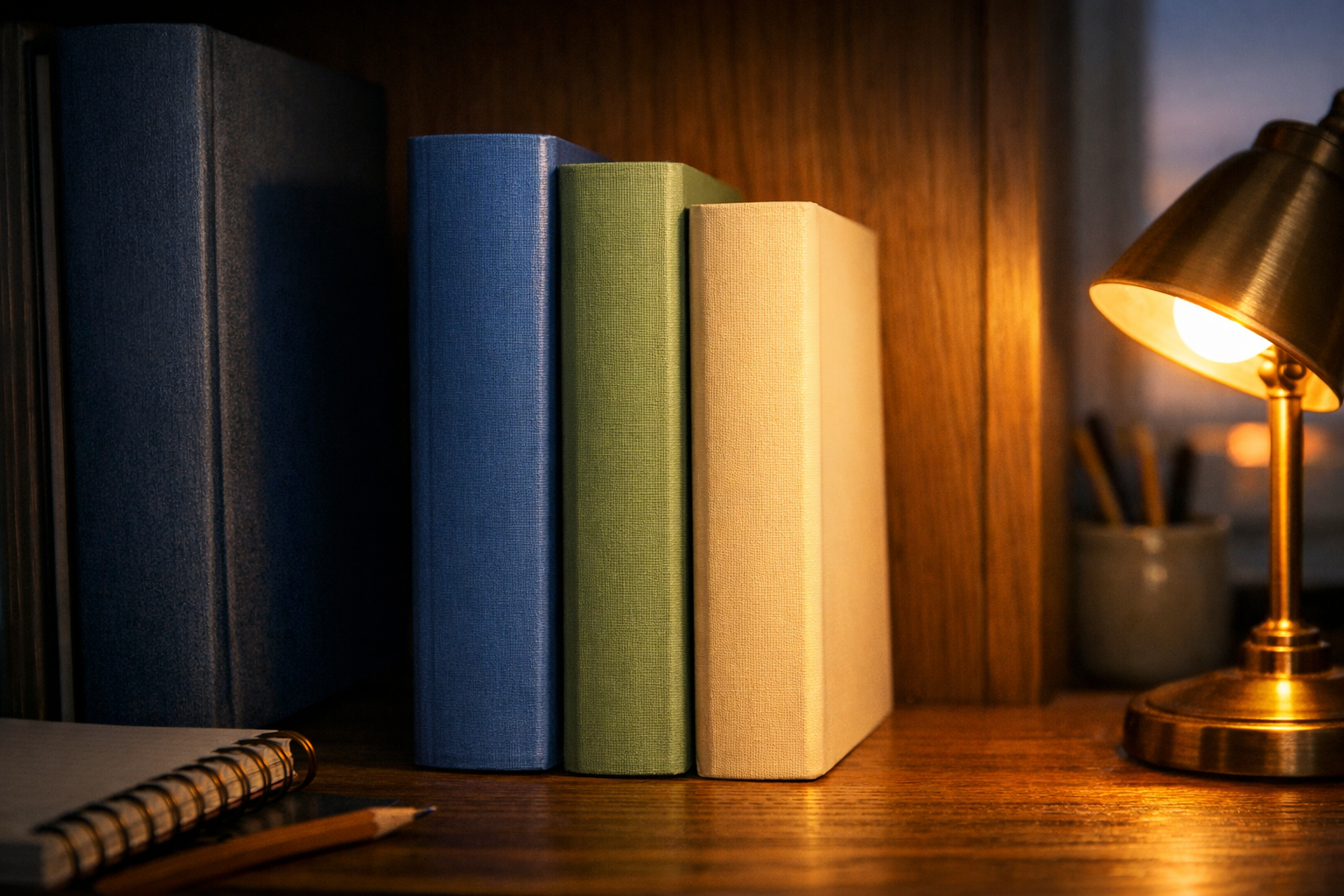 Three reference books with colored spines on a study shelf lit by a warm desk lamp at dusk
