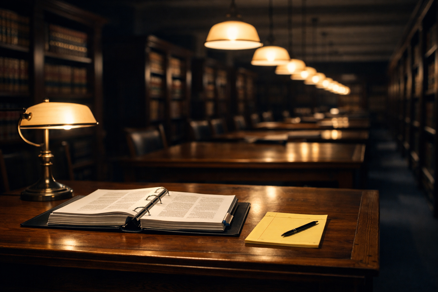 Empty law library reading room at night with open binders and amber pendant lighting