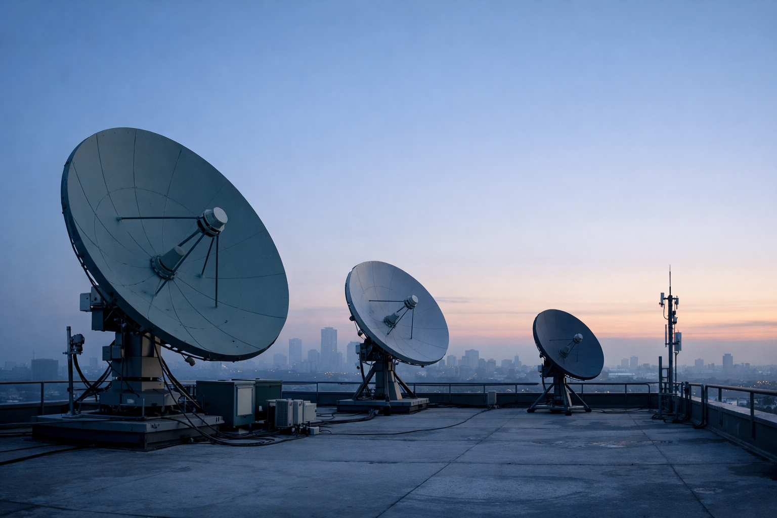 Three rooftop satellite dishes on an urban rooftop at dawn with city skyline in the background