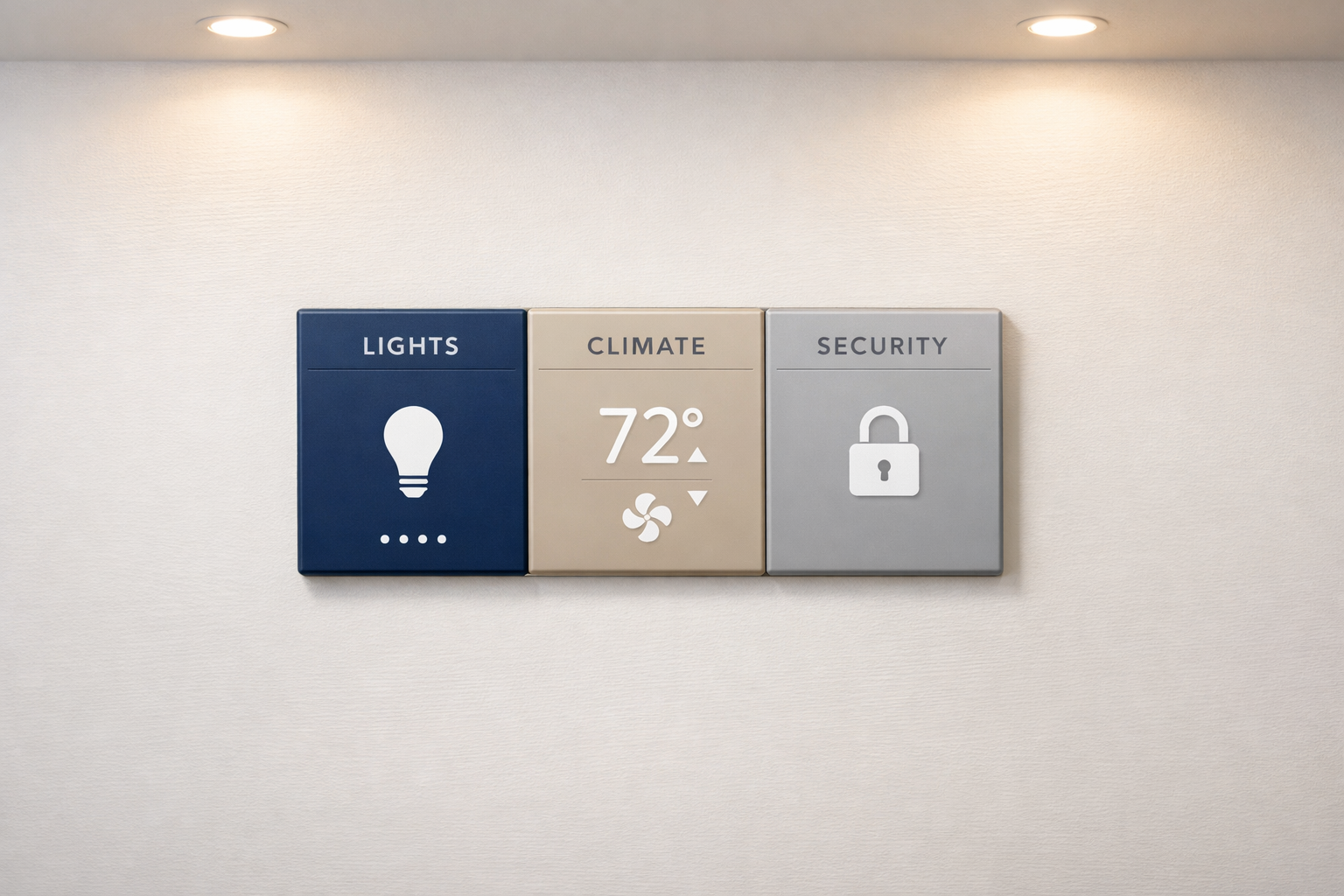 Three-module smart home panel mounted on a white wall under warm recessed light
