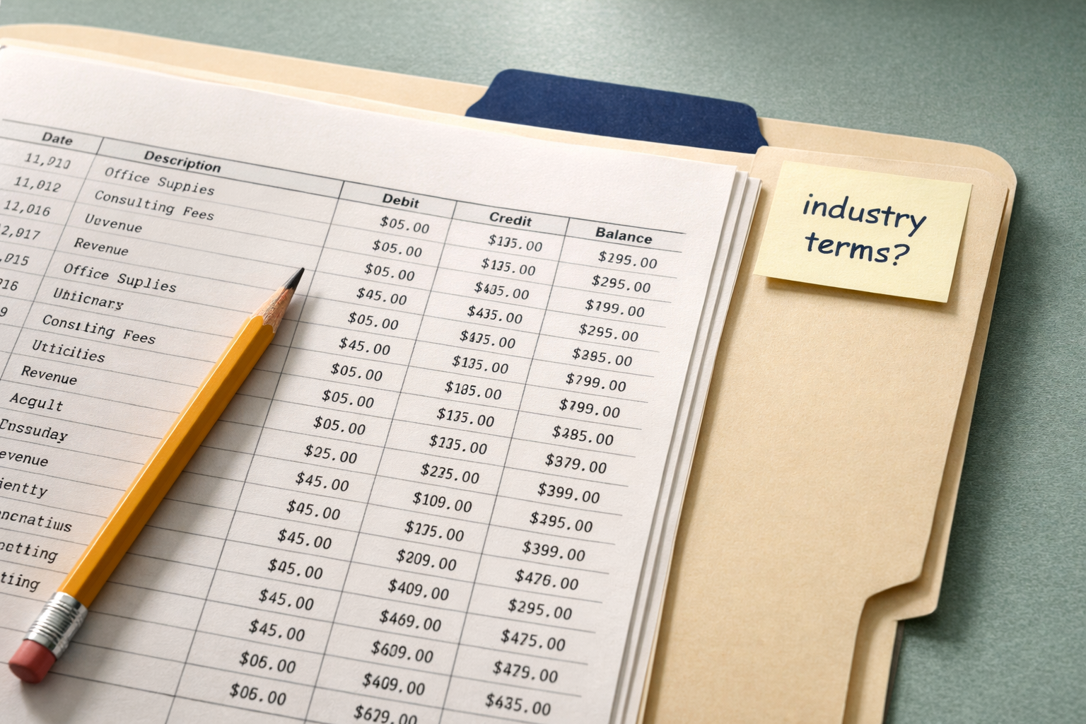 Close-up of open financial ledger on an accountant's desk with a pencil and handwritten sticky note in daylight.