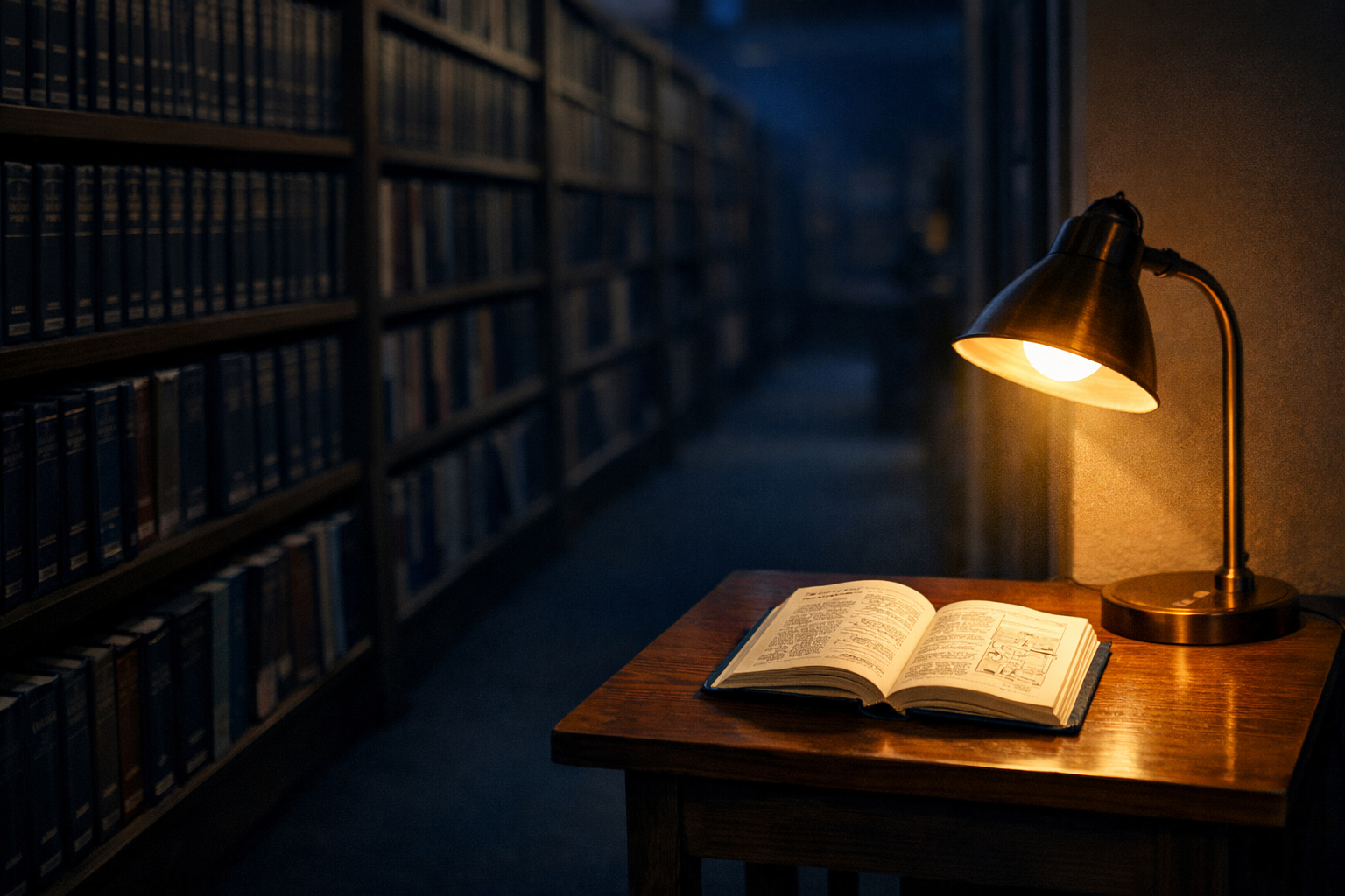 Bookstore aisle at dusk with a pocket guide open under a lamp, large reference volumes lining the shelves behind it.