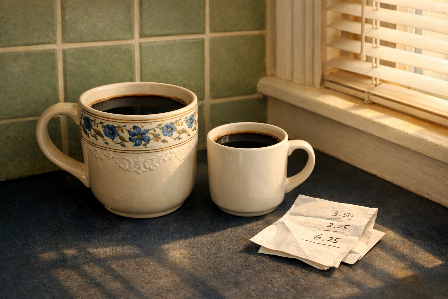 Two coffee mugs of different sizes on a kitchen counter beside a folded receipt, soft morning window light.
