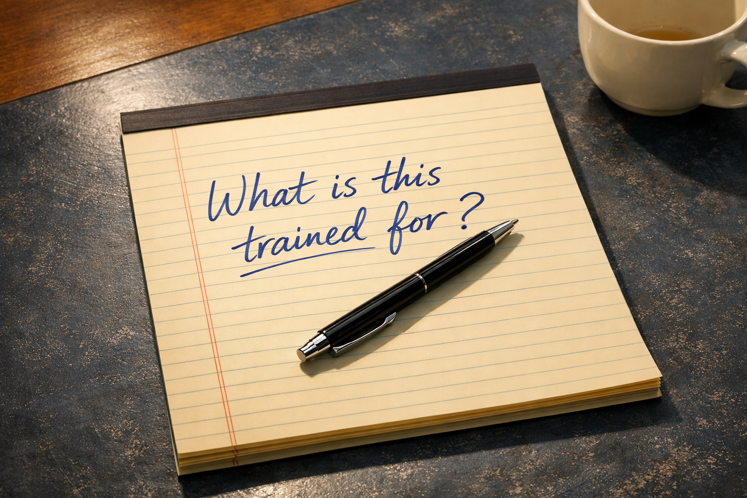 Notepad on a conference table with 'What is this trained for?' handwritten in blue ink, ballpoint pen resting on top.