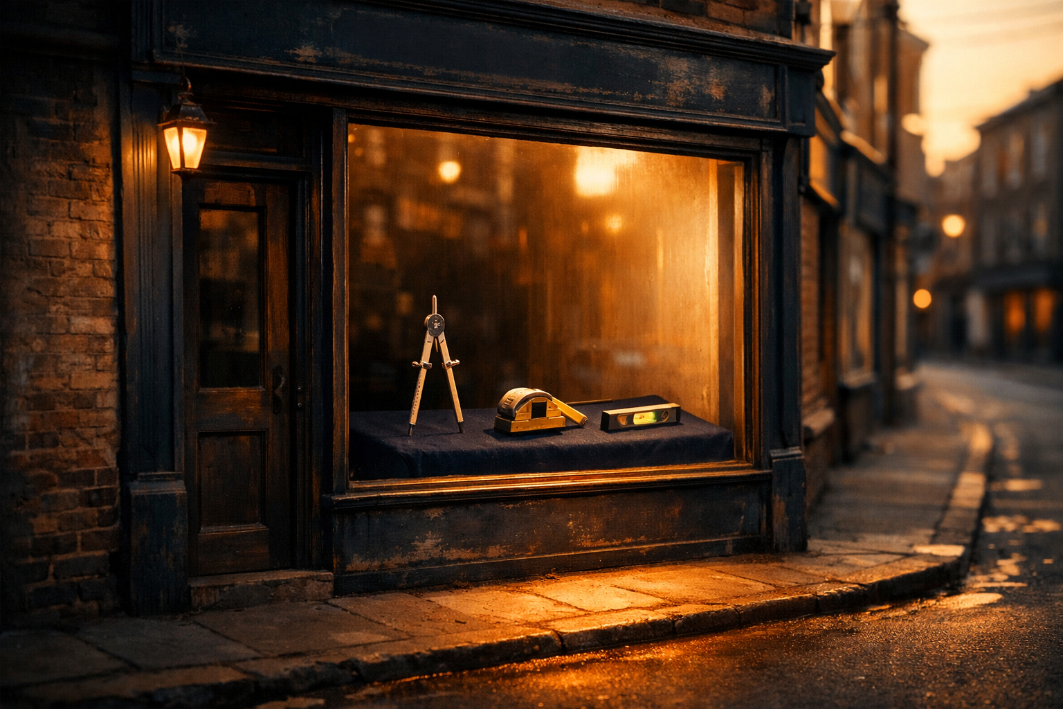 Small tool shop storefront at golden hour with precision instruments in the window, empty pavement, warm amber light.