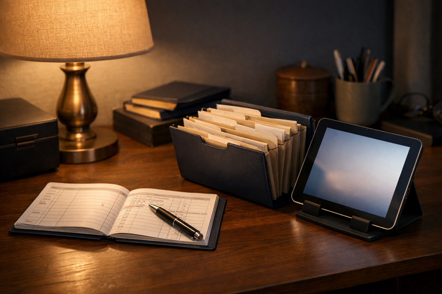 Open checkbook register and accordion file folder beside a glowing tablet on a lamp-lit home desk at evening.