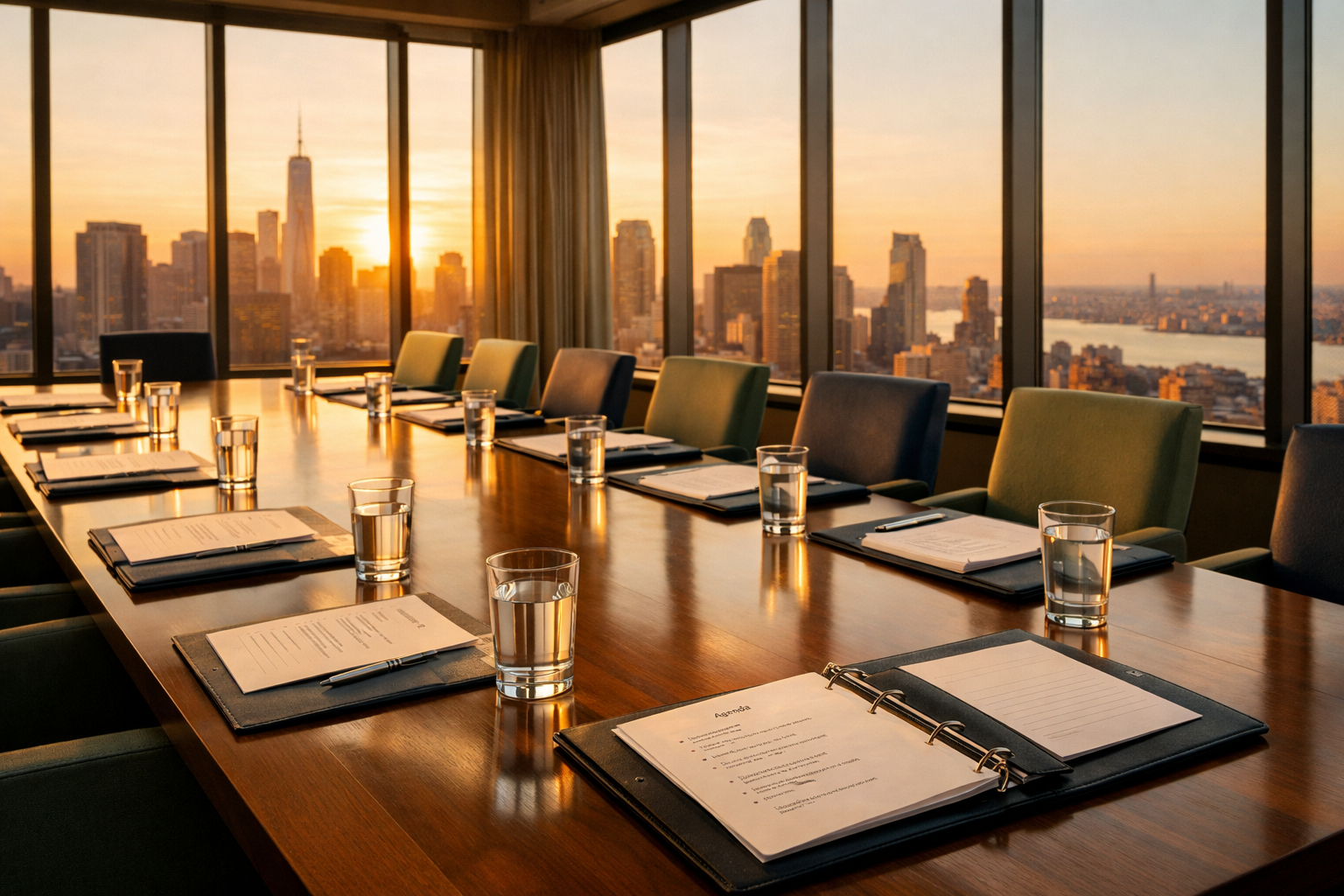 Empty boardroom table set with printed agendas and water glasses overlooking a sunlit city skyline at golden hour.