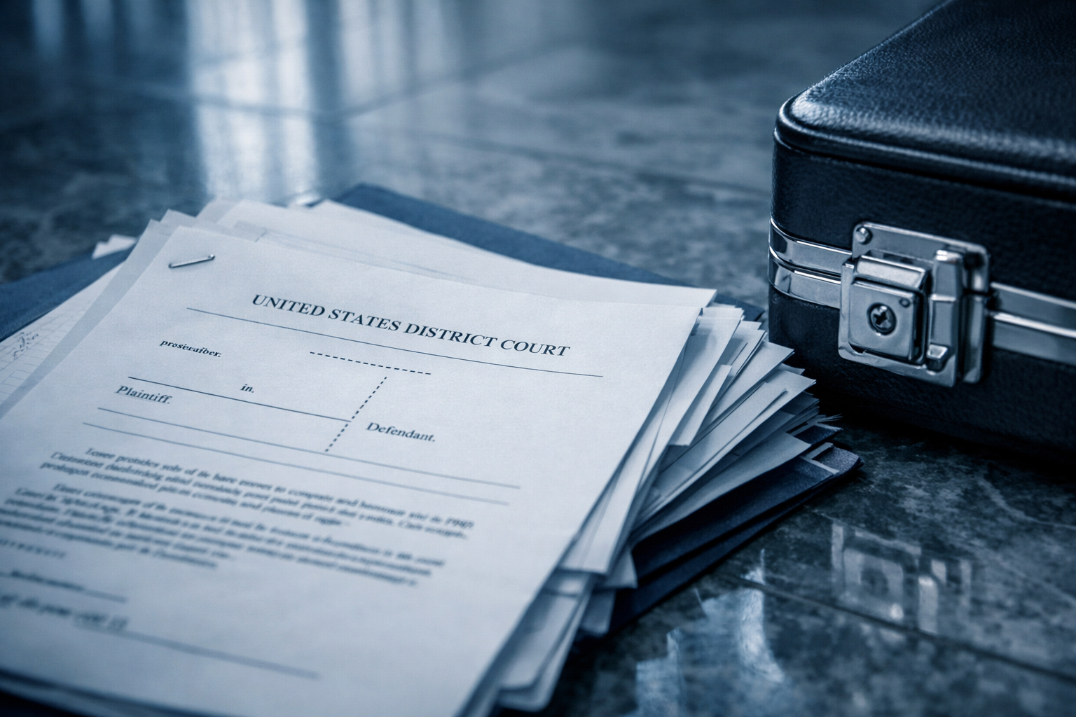 Stack of court filings and a briefcase clasp on a marble courthouse lobby floor under cool clerestory light.