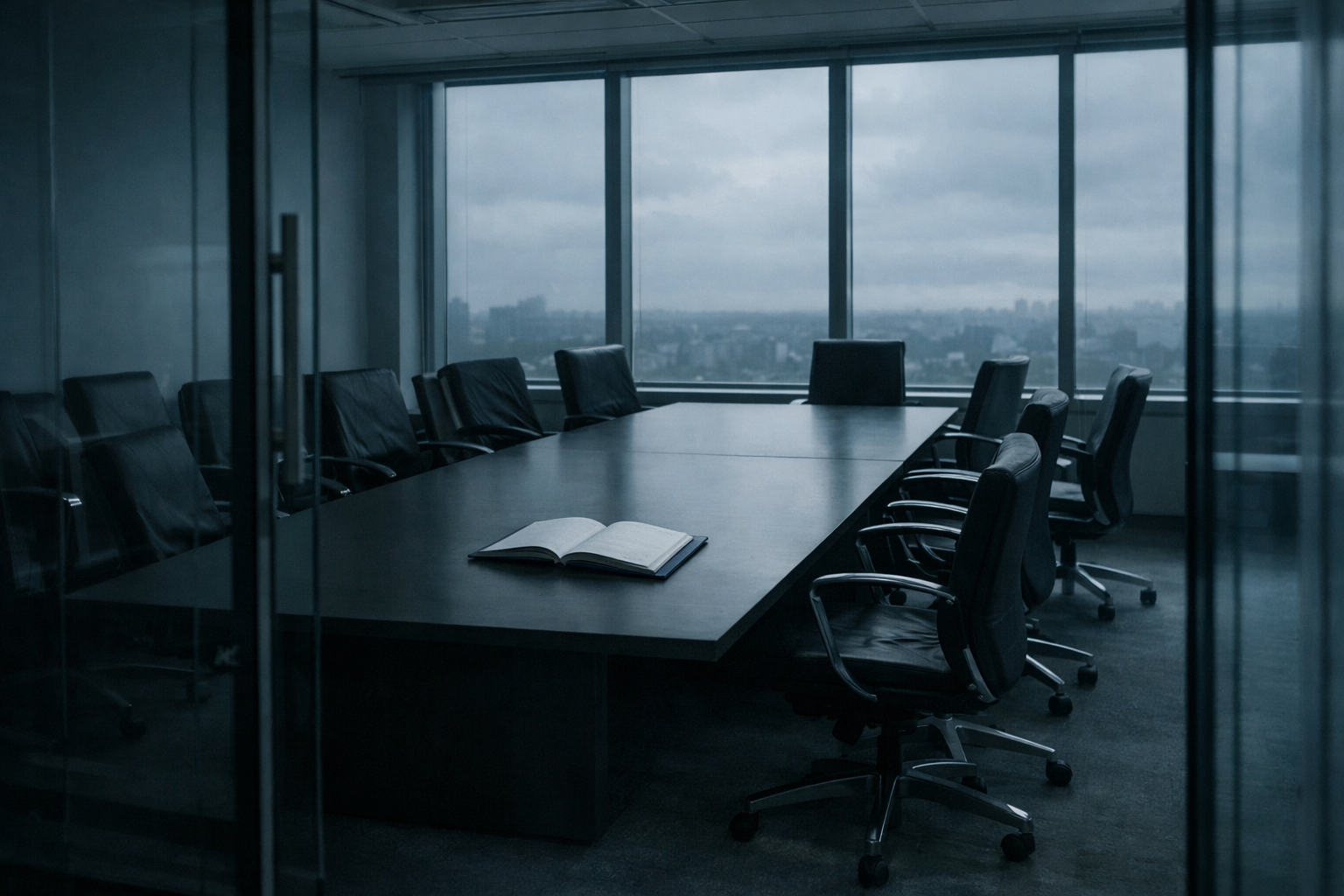 Glass-walled conference room with empty pushed-back chairs and an open notebook on the table under grey afternoon light.