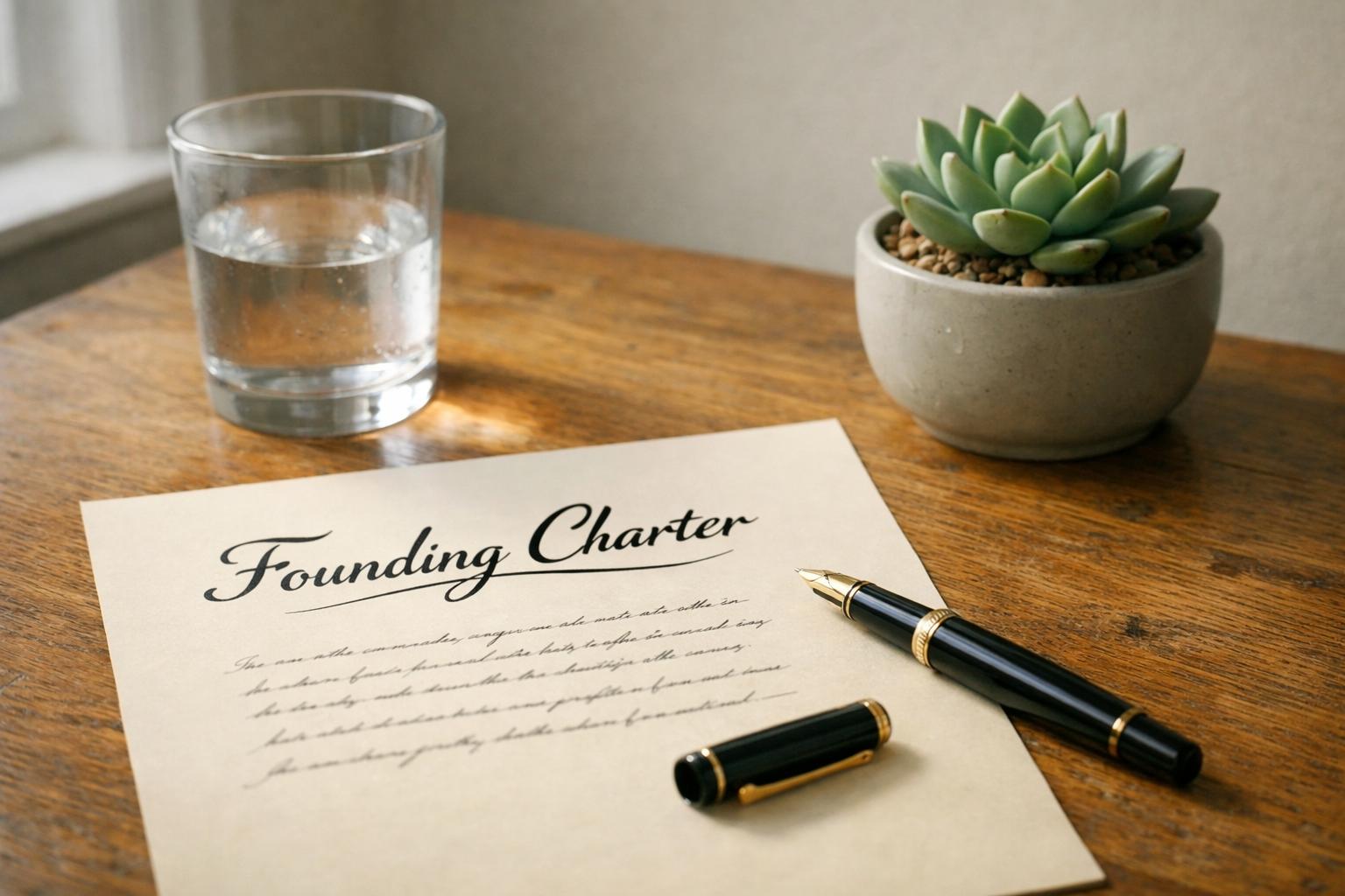 Founding charter document and fountain pen on a worn oak desk beside a small succulent in soft afternoon light.