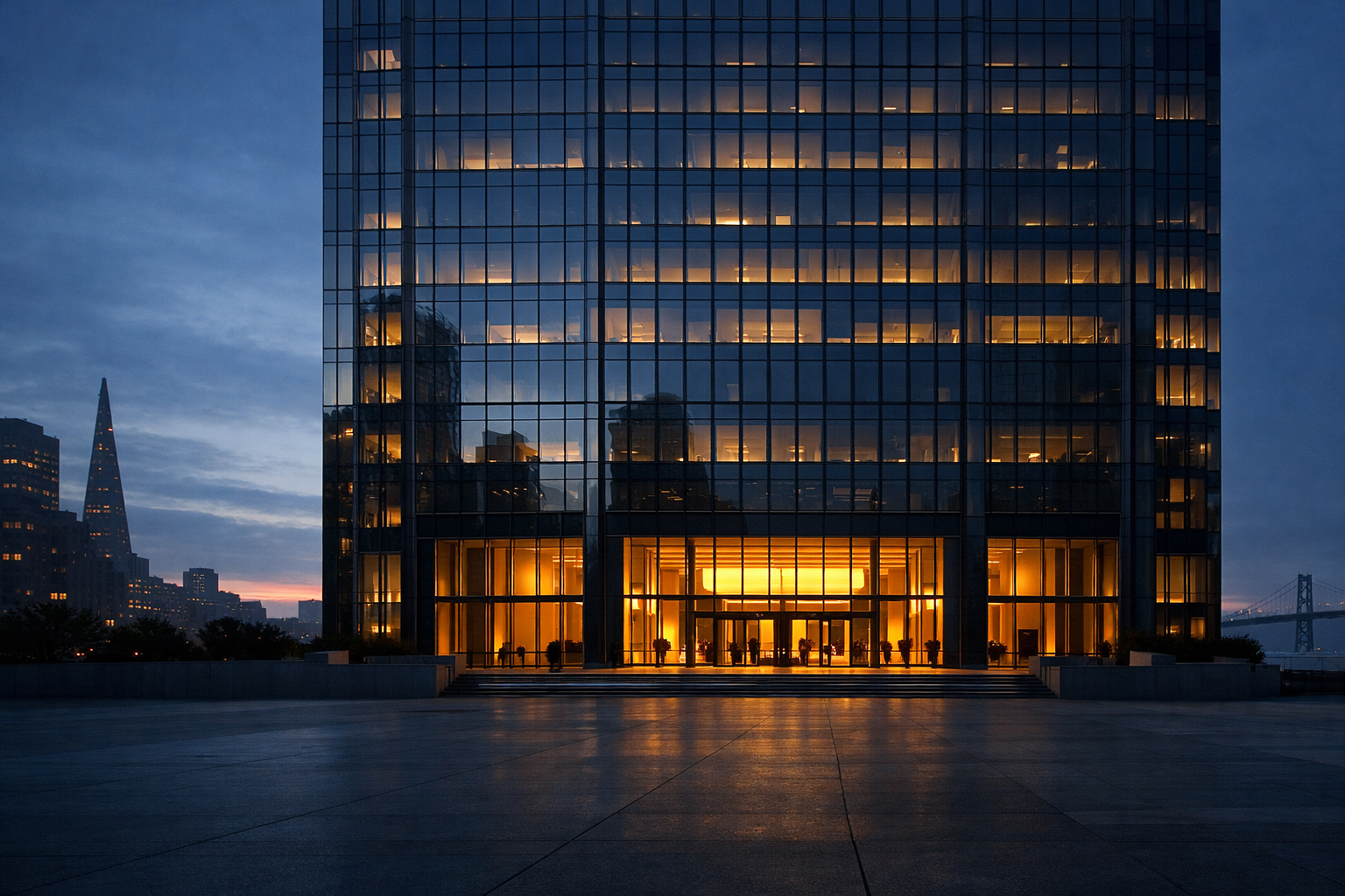 Glass office tower at dusk with warm amber lobby light reflecting on an empty plaza under a pale blue-grey sky.
