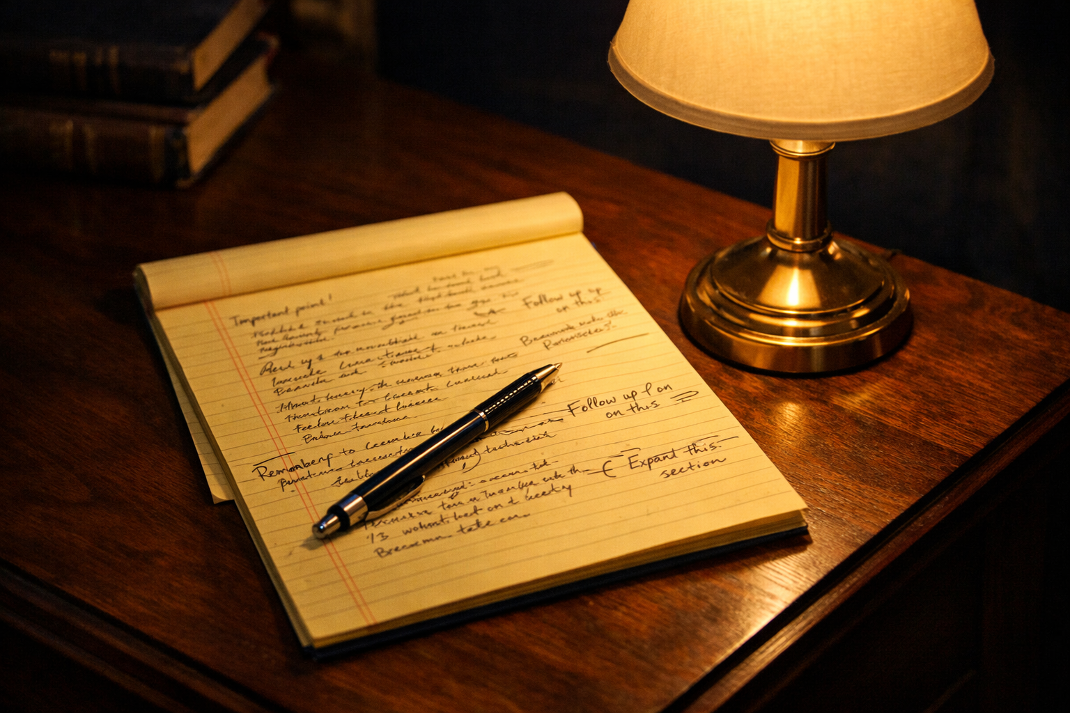 Yellow legal pad with handwritten notes and a mechanical pencil under a brass desk lamp in a dark study at night.