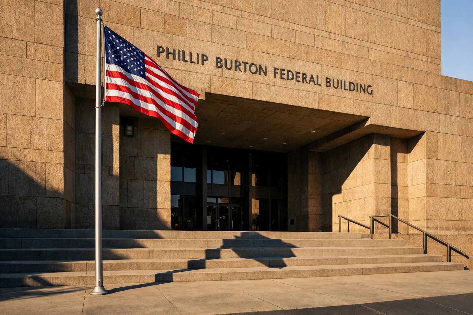 Brutalist federal courthouse exterior in Oakland with an American flag and long morning shadow across concrete steps.