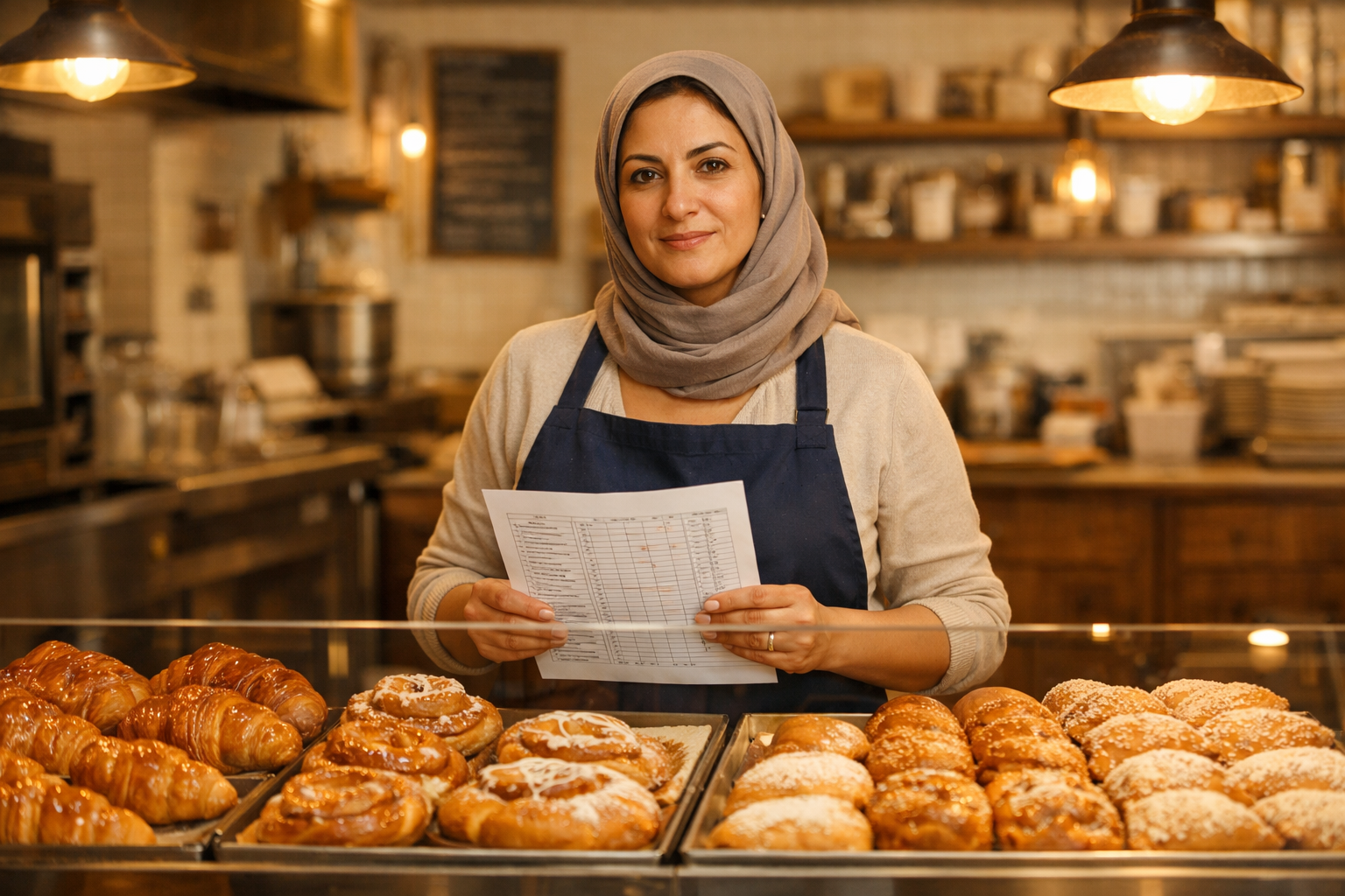 Middle Eastern woman at a bakery counter at opening, reviewing an inventory sheet beside arranged pastries.