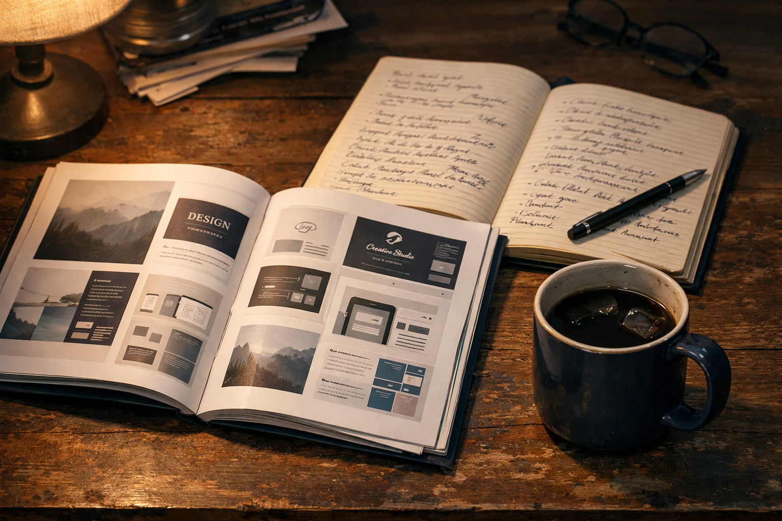 Close-up of a designer's desk at dusk with printed portfolio layouts, a notebook of notes, and a cold coffee mug.