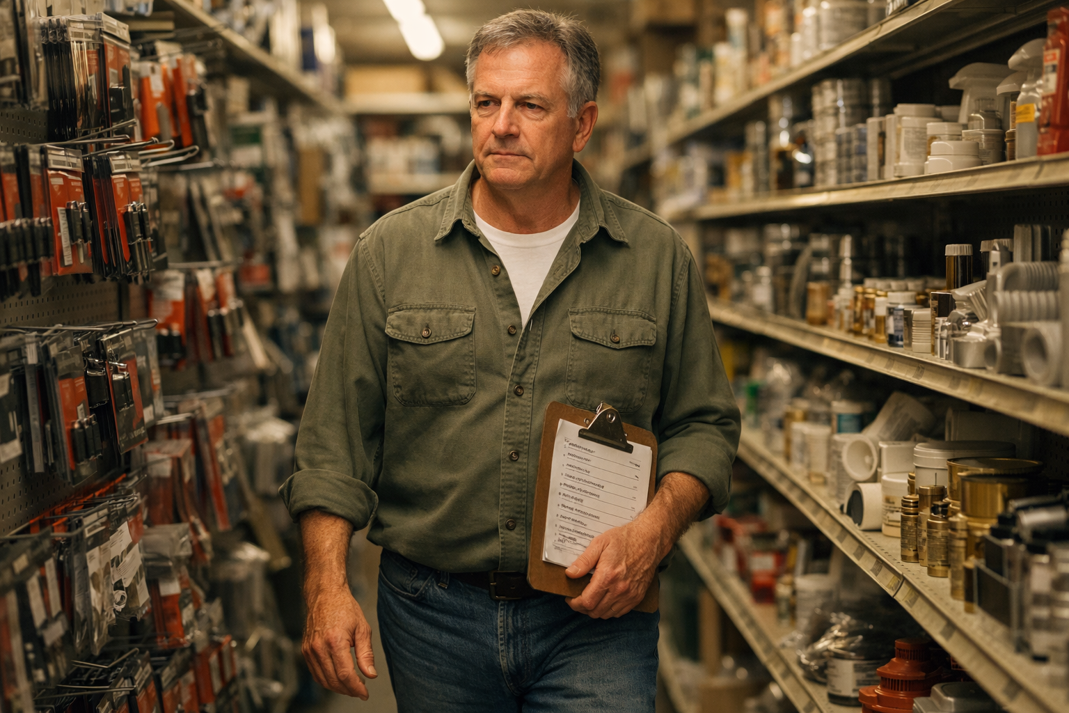 Older white man holding a stocking list clipboard in a well-stocked independent hardware store aisle.