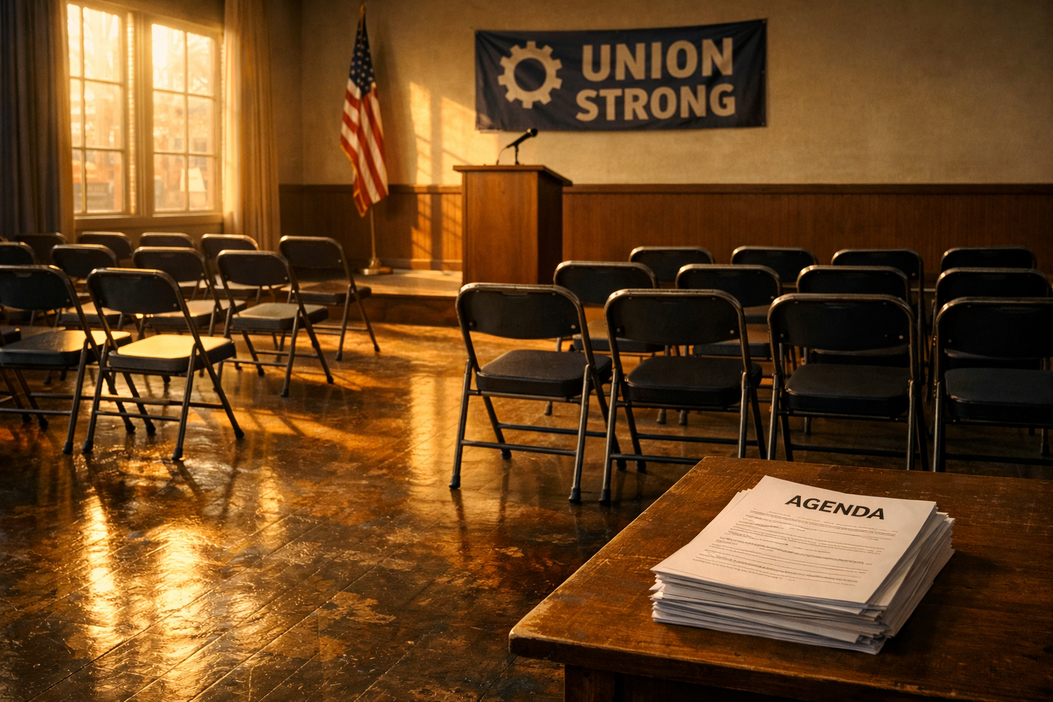 Empty union meeting hall with rows of folding chairs, a podium with microphone, and stacked printed agendas in afternoon ligh