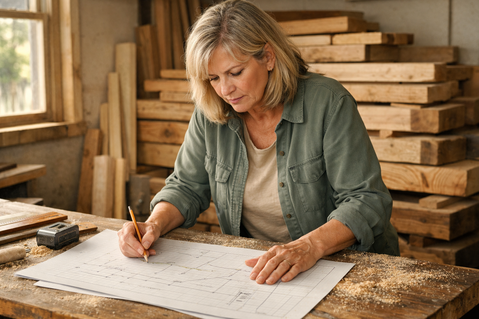 White woman studying a marked-up furniture plan on graph paper at a sawdust-covered woodworking bench.
