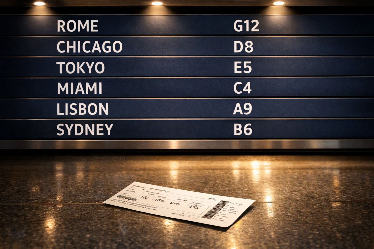 Airport departures board in navy and white with a boarding pass on the floor beneath it.