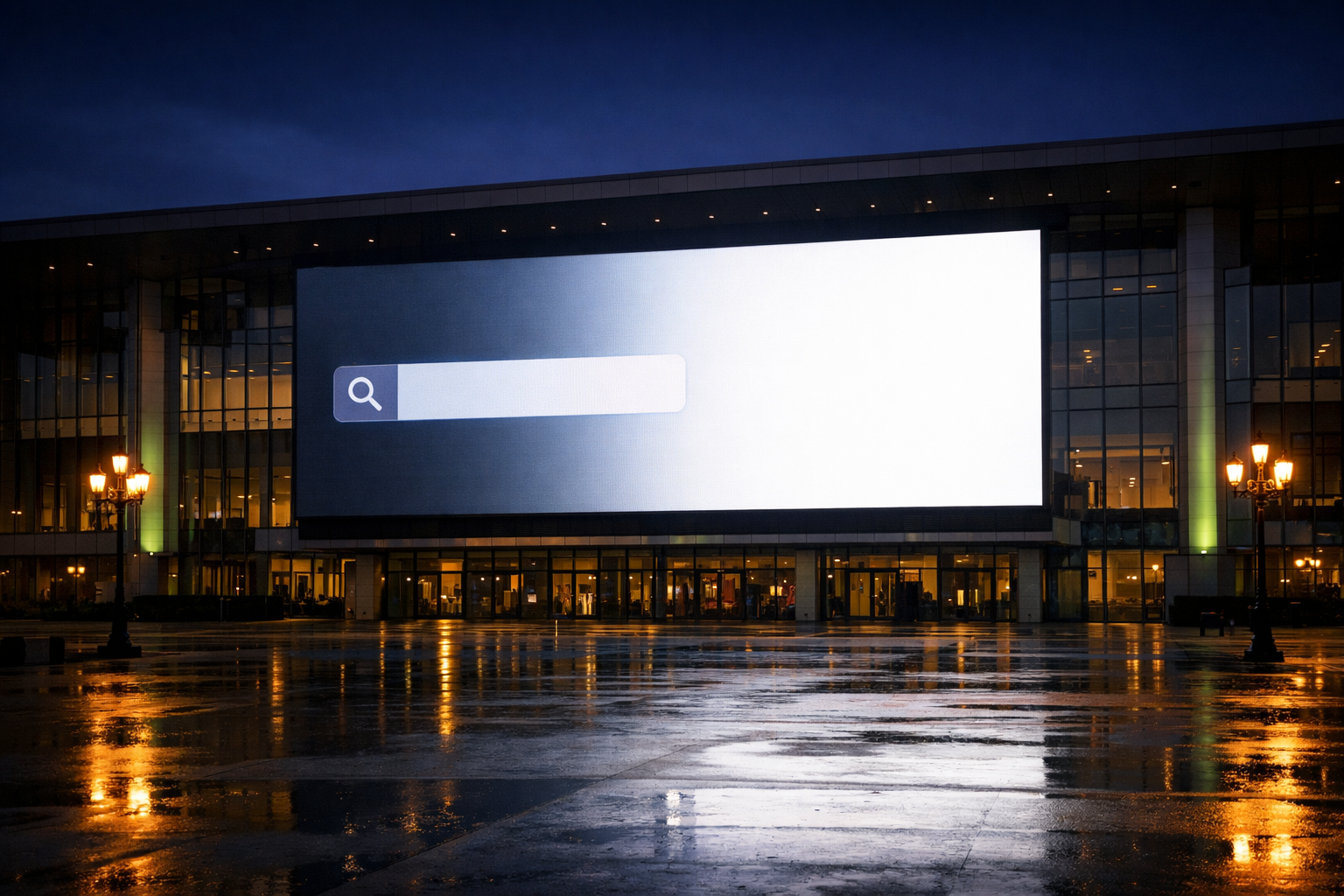 Convention center facade with a giant screen showing a search bar at dusk, plaza empty and lamp-lit.