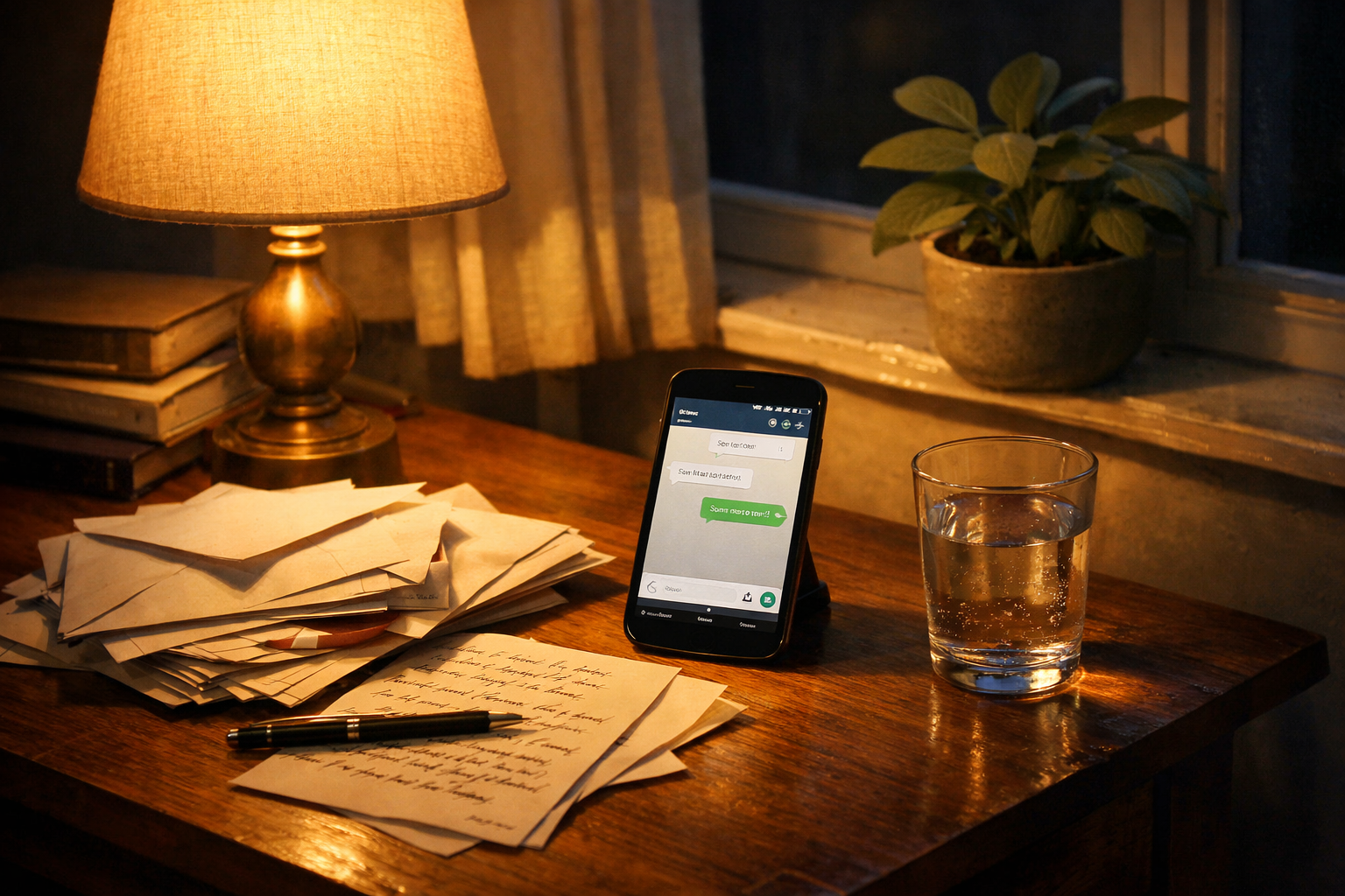 Home desk at evening with a smartphone, opened envelopes, and handwritten notes under warm lamp light.