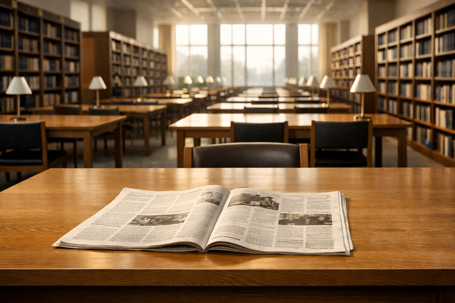 Empty library reading room with long wooden tables and an open newspaper in morning light.