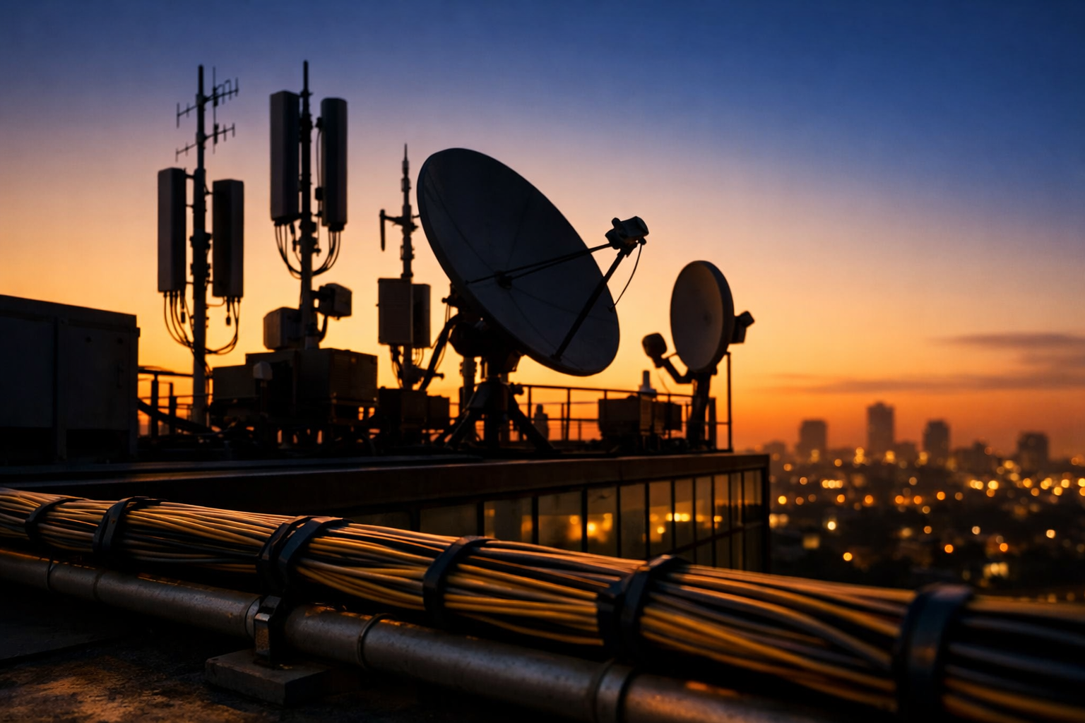 Rooftop satellite dishes and antenna array silhouetted against a golden-hour sky above a city.