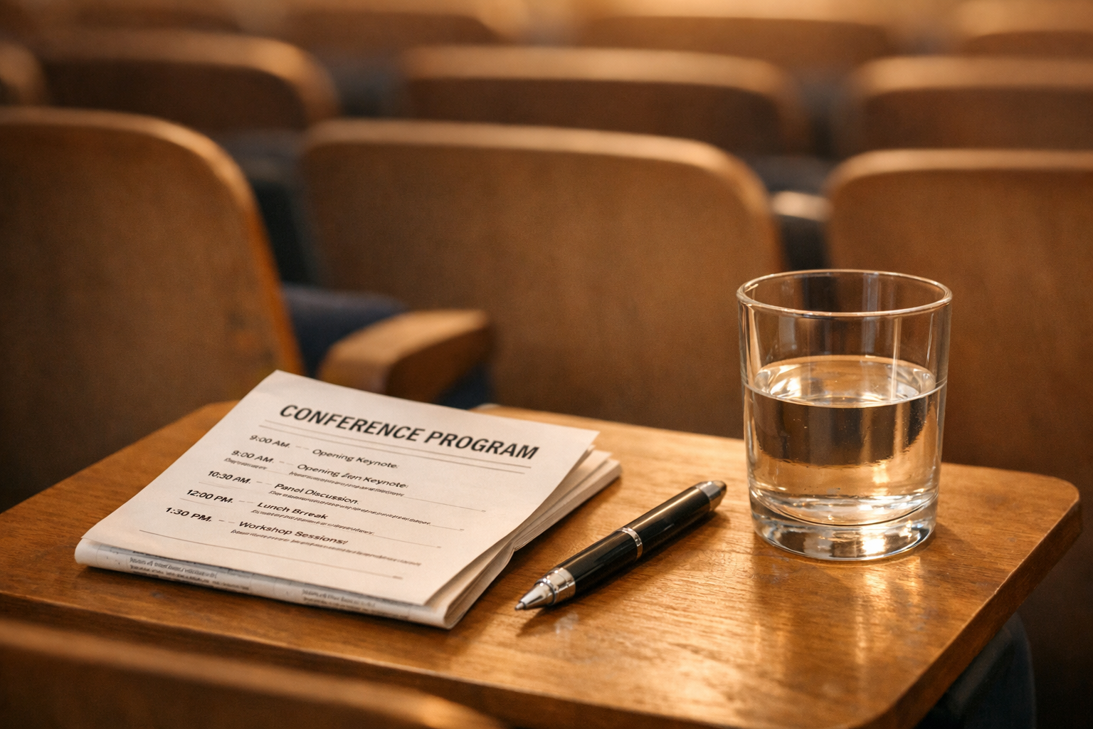 Printed conference program and uncapped pen on an empty auditorium seat, blurred rows behind, warm stage light.