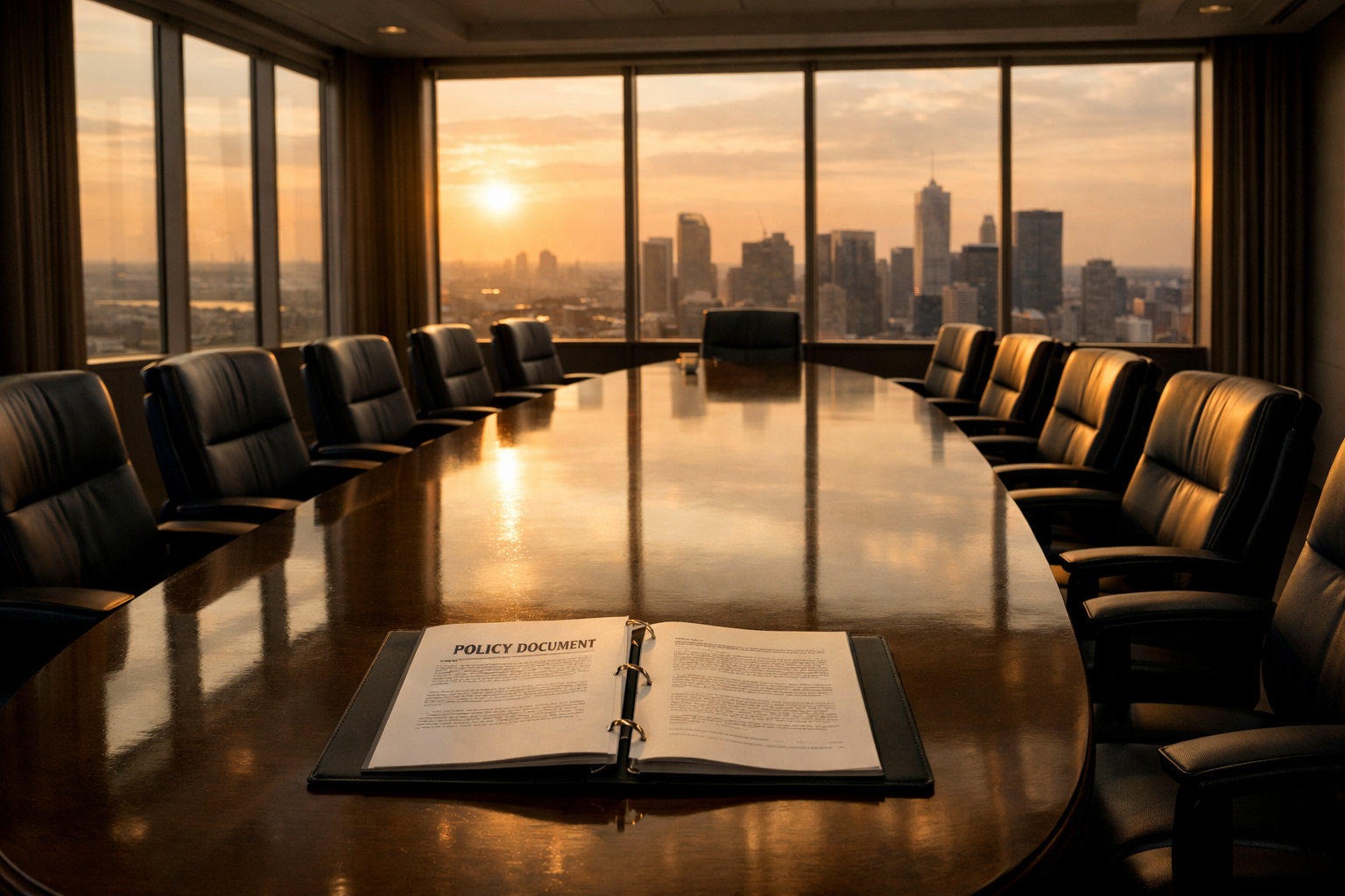 Empty boardroom at golden hour, long table reflecting city-window light, open binder at the head seat.