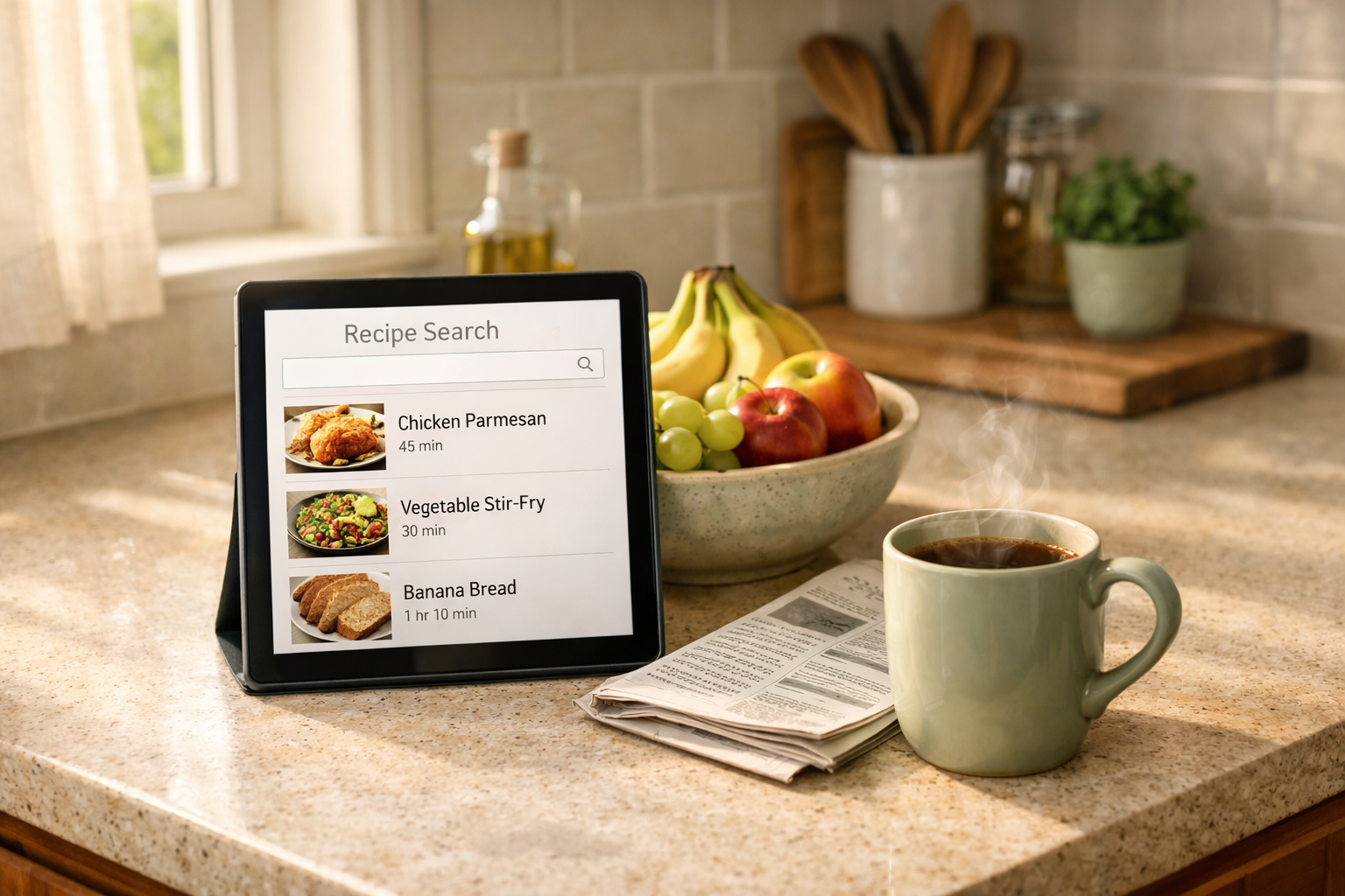 Tablet showing a recipe search on a sunny kitchen counter beside a newspaper and steaming coffee mug.