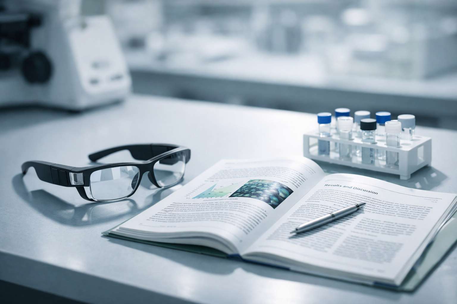Prototype smart glasses resting on a research lab bench beside an open journal and small vial rack.