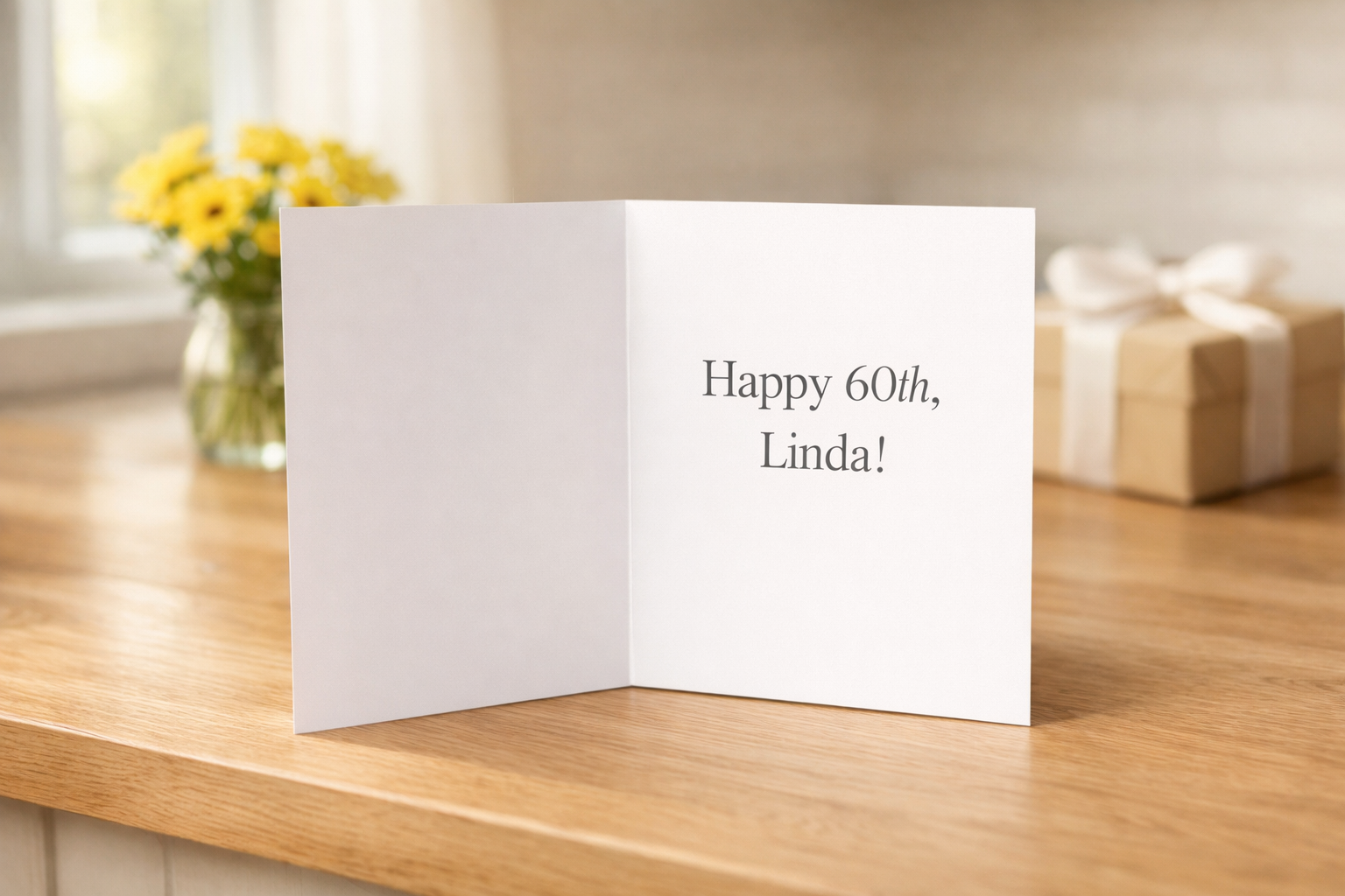 Open birthday card reading Happy 60th Linda on a kitchen counter, flowers and gift box softly blurred behind it.