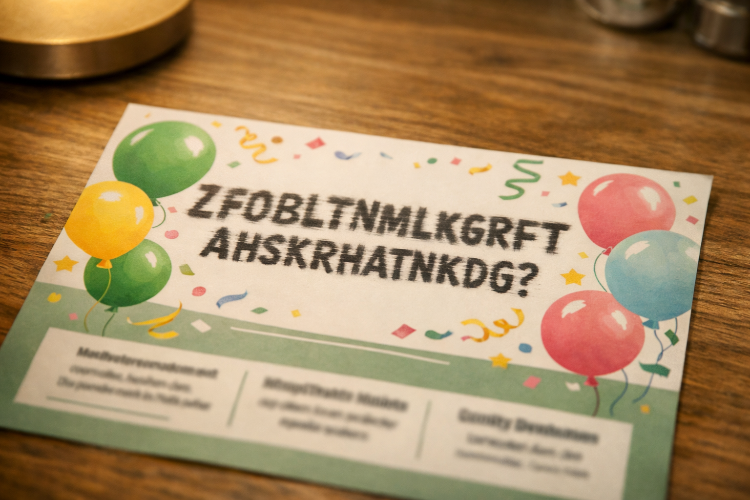 Event flyer with distorted unreadable headline text lying on a wooden table, colorful design surrounding it.