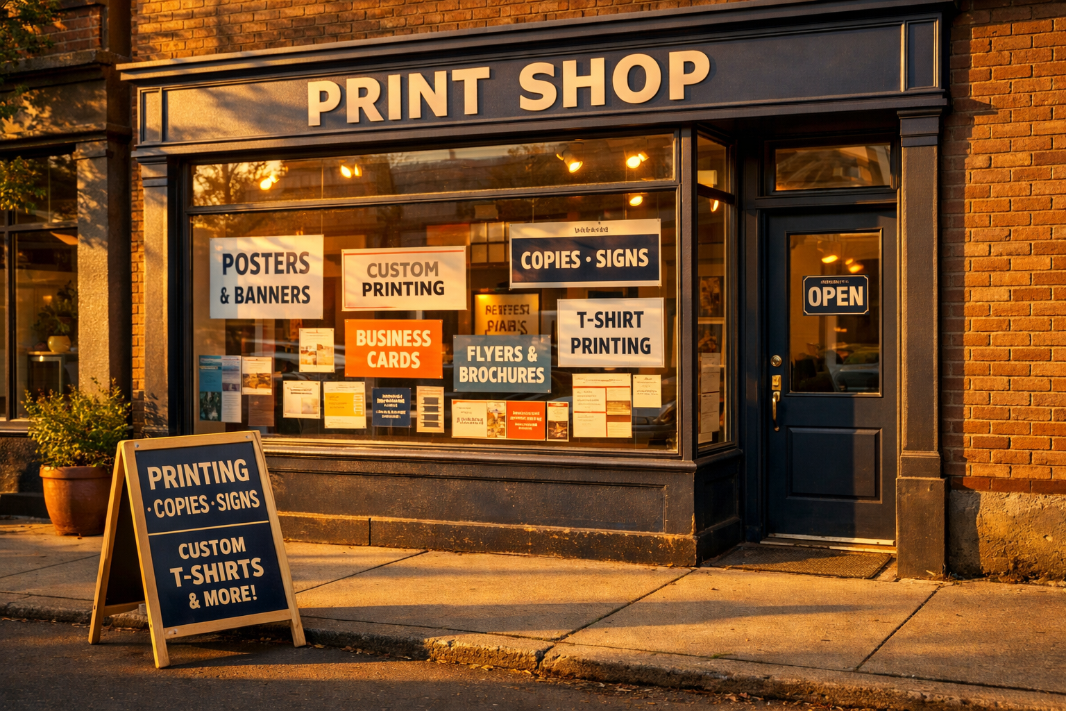 Small print shop exterior at golden hour with legible poster displays in the window and a sidewalk sandwich board.