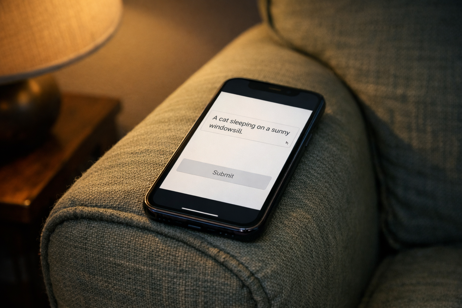 Smartphone on an armchair armrest showing a plain text input field, warm lamp light on sage green upholstery.
