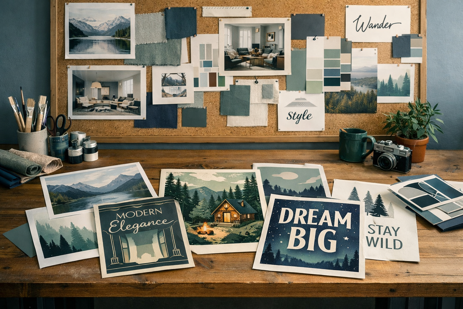 Design studio workbench covered in printed style reference images and mood boards pinned to a corkboard.