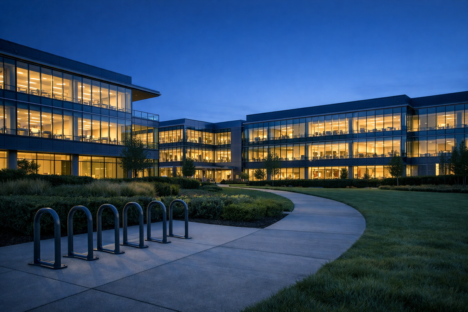 Glass corporate campus exterior at dusk with lit windows, empty bicycle rack and manicured path in the foreground.